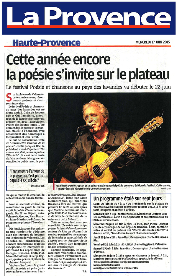 La Provence article Poetes des Hautes Terres